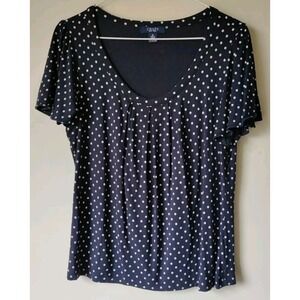 Chaps Women's Polka Dot Top Navy Blue/White Short Sleeve Size Medium Front Pleat